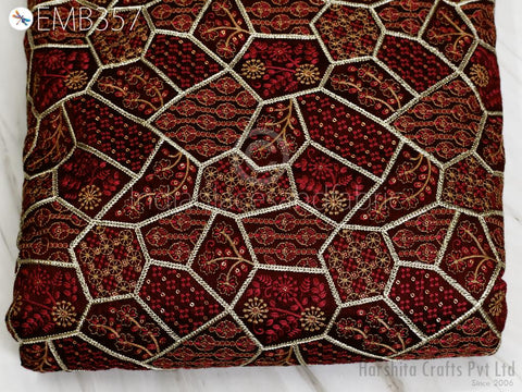 Indian Maroon Sequins Embroidery Fabric by the yard Sewing DIY Crafting Wedding Dresses Costumes Dolls Bags Cushion Covers Table Runners
