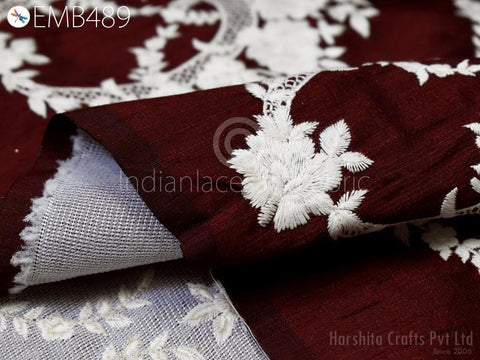 Indian Burgundy Embroidered by the yard Fabric Sewing DIY Crafting Embroidery Wedding Dresses Fabric Costumes Cushion Covers Table Runners