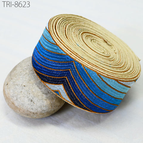 9 Yard Blue 5cm Embroidery Trim Ribbon Indian Sari Border Crafting Sewing Embroidered Costumes Tablecloth Lampshades making Home Decor Trim