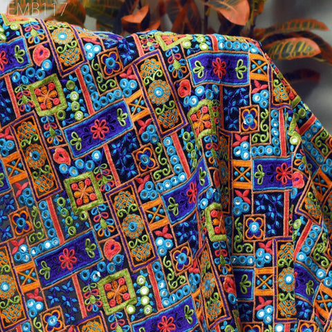 Indian Embroidered Fabric by the Yard Georgette Blue Embroidery Sewing Curtain DIY Crafting Summer Women Dress Material Drapery Home Decor