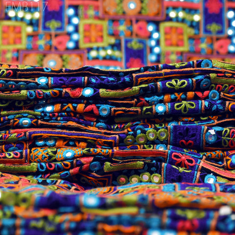 Indian Embroidered Fabric by the Yard Georgette Blue Embroidery Sewing Curtain DIY Crafting Summer Women Dress Material Drapery Home Decor