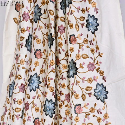 Ivory Embroidered Cotton Fabric, Floral Indian Sewing Fabric by the Yard