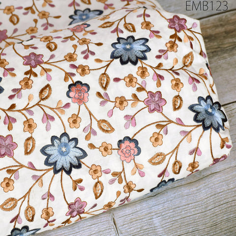 Ivory Embroidered Cotton Fabric, Floral Indian Sewing Fabric by the Yard