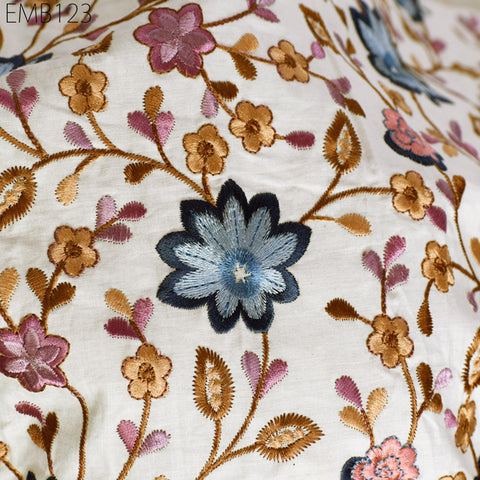 Ivory Embroidered Cotton Fabric, Floral Indian Sewing Fabric by the Yard