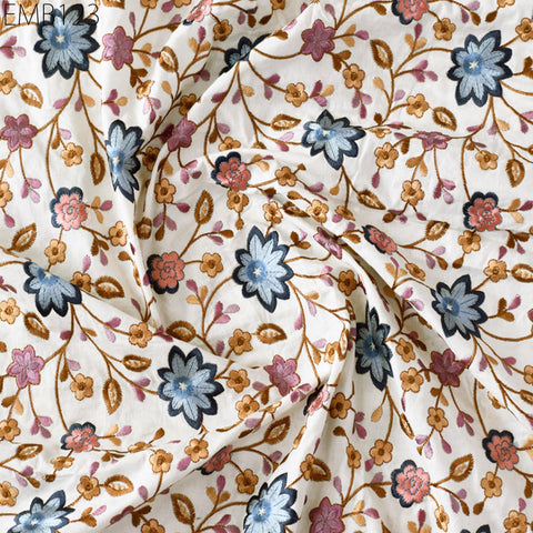 Ivory Embroidered Cotton Fabric, Floral Indian Sewing Fabric by the Yard