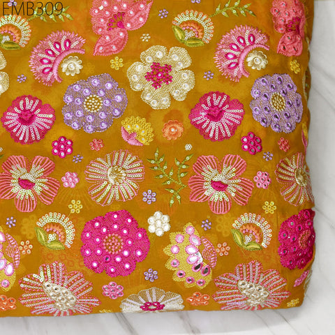 Indian Embroidered Fabric by the Yard Yellow Georgette Embroidery Sewing Curtain DIY Crafting Summer Women Dress Material Drapery Home Decor