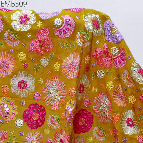 Indian Embroidered Fabric by the Yard Yellow Georgette Embroidery Sewing Curtain DIY Crafting Summer Women Dress Material Drapery Home Decor