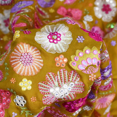 Indian Embroidered Fabric by the Yard Yellow Georgette Embroidery Sewing Curtain DIY Crafting Summer Women Dress Material Drapery Home Decor