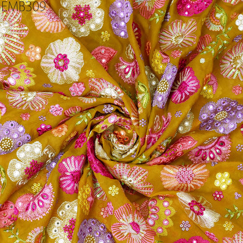 Indian Embroidered Fabric by the Yard Yellow Georgette Embroidery Sewing Curtain DIY Crafting Summer Women Dress Material Drapery Home Decor