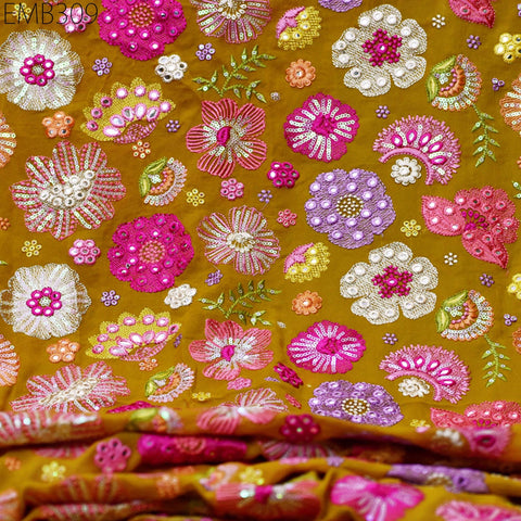 Indian Embroidered Fabric by the Yard Yellow Georgette Embroidery Sewing Curtain DIY Crafting Summer Women Dress Material Drapery Home Decor
