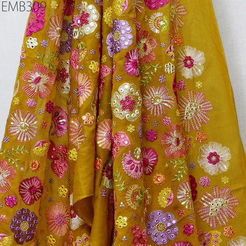 Indian Embroidered Fabric by the Yard Yellow Georgette Embroidery Sewing Curtain DIY Crafting Summer Women Dress Material Drapery Home Decor