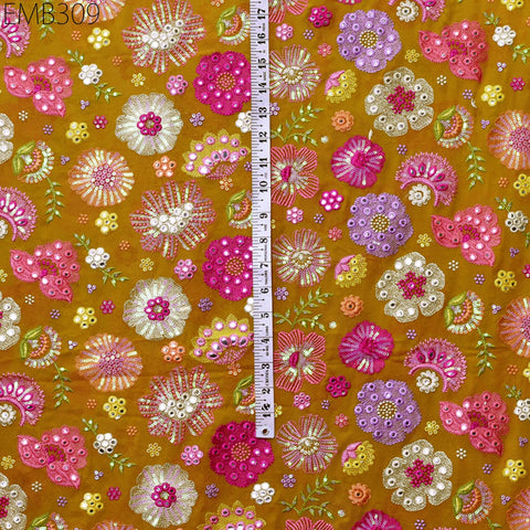 Indian Embroidered Fabric by the Yard Yellow Georgette Embroidery Sewing Curtain DIY Crafting Summer Women Dress Material Drapery Home Decor