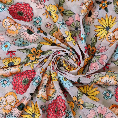 Indian Embroidered Fabric by the Yard Georgette Pink Embroidery Sewing Curtain DIY Crafting Summer Women Dress Material Drapery Home Decor