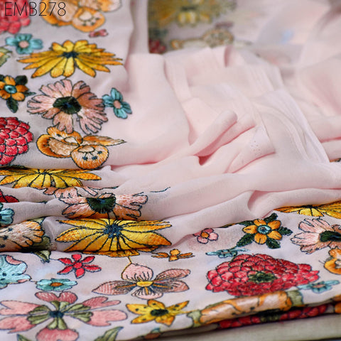 Indian Embroidered Fabric by the Yard Georgette Pink Embroidery Sewing Curtain DIY Crafting Summer Women Dress Material Drapery Home Decor