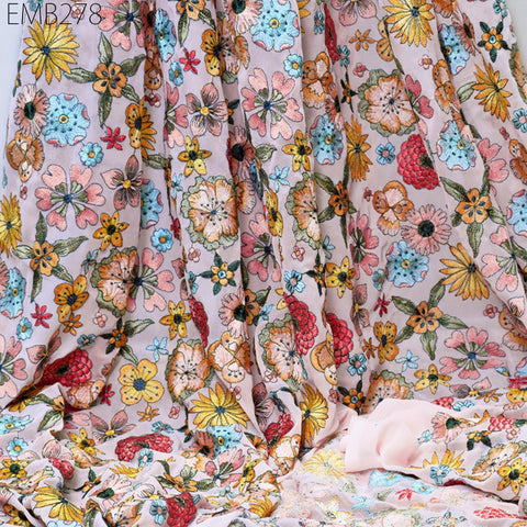 Indian Embroidered Fabric by the Yard Georgette Pink Embroidery Sewing Curtain DIY Crafting Summer Women Dress Material Drapery Home Decor