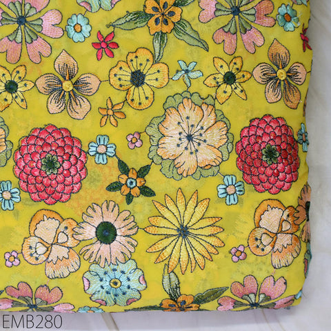 Indian Embroidered Fabric by the Yard Georgette Yellow Embroidery Sewing Curtain DIY Crafting Summer Women Dress Material Drapery Home Decor