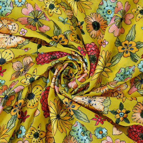 Indian Embroidered Fabric by the Yard Georgette Yellow Embroidery Sewing Curtain DIY Crafting Summer Women Dress Material Drapery Home Decor