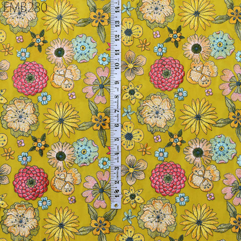 Indian Embroidered Fabric by the Yard Georgette Yellow Embroidery Sewing Curtain DIY Crafting Summer Women Dress Material Drapery Home Decor