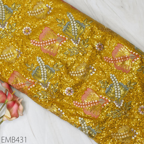 Sequin Embroidered Georgette Yellow Fabric by the Yard Indian Embroidery Wedding lehenga Bridal Dress Saree Material Costume Sewing Crafting