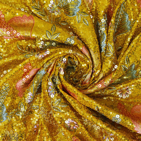 Sequin Embroidered Georgette Yellow Fabric by the Yard Indian Embroidery Wedding lehenga Bridal Dress Saree Material Costume Sewing Crafting