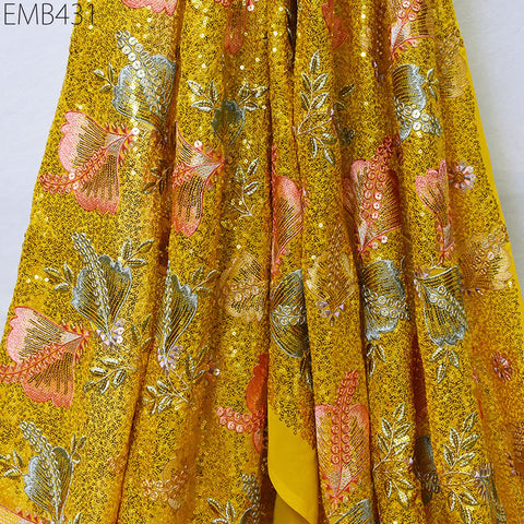 Sequin Embroidered Georgette Yellow Fabric by the Yard Indian Embroidery Wedding lehenga Bridal Dress Saree Material Costume Sewing Crafting