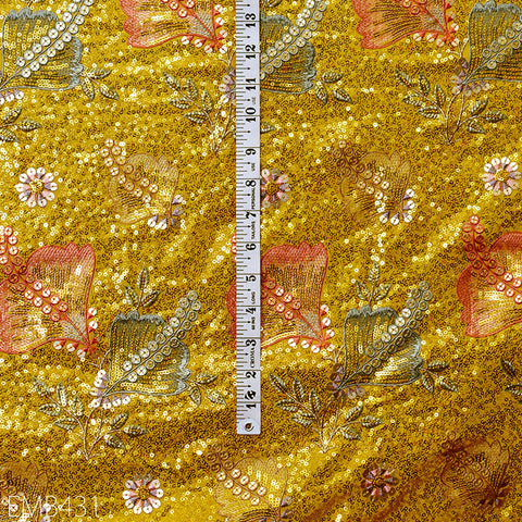 Sequin Embroidered Georgette Yellow Fabric by the Yard Indian Embroidery Wedding lehenga Bridal Dress Saree Material Costume Sewing Crafting