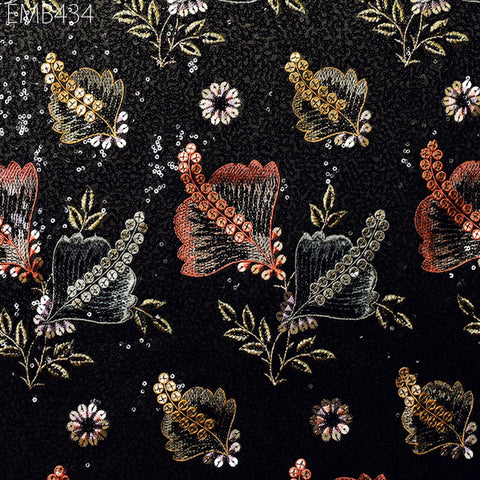Black Sequin Embroidered Georgette Fabric by Yard Indian Embroidery Wedding lehenga Bridal Dress Material Party Costumes Sewing DIY Crafting