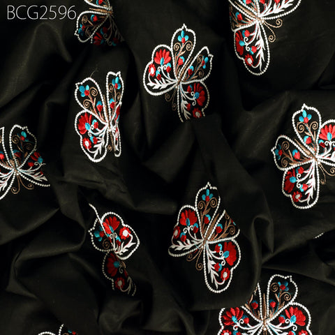 Black Indian Embroidered Cotton Fabric by the Yard Embroidery Sewing Nursery Curtain DIY Crafting Summer Kid Women Dress Material Quilting
