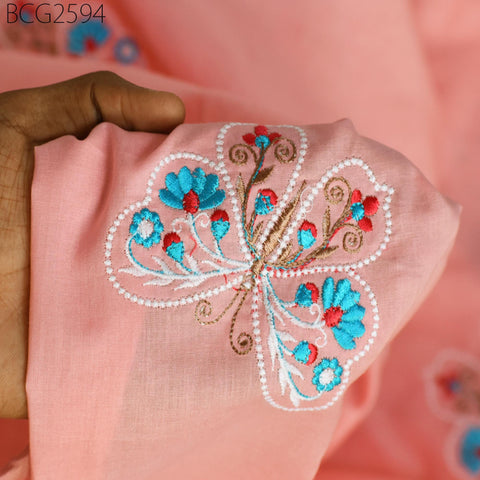 Salmon Indian Embroidered Cotton Fabric by the Yard Embroidery Sewing Nursery Curtain DIY Crafting Summer Kid Women Dress Material Quilting