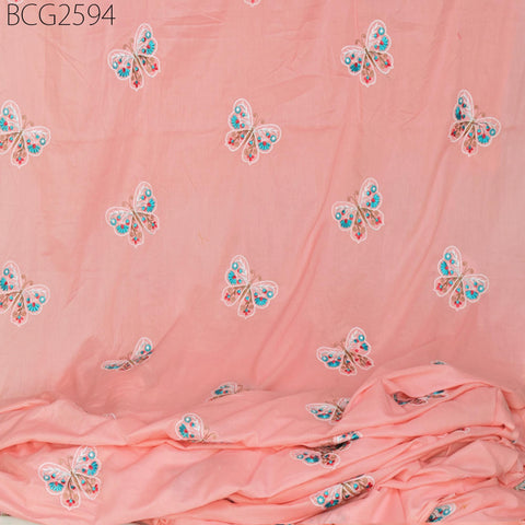 Salmon Indian Embroidered Cotton Fabric by the Yard Embroidery Sewing Nursery Curtain DIY Crafting Summer Kid Women Dress Material Quilting