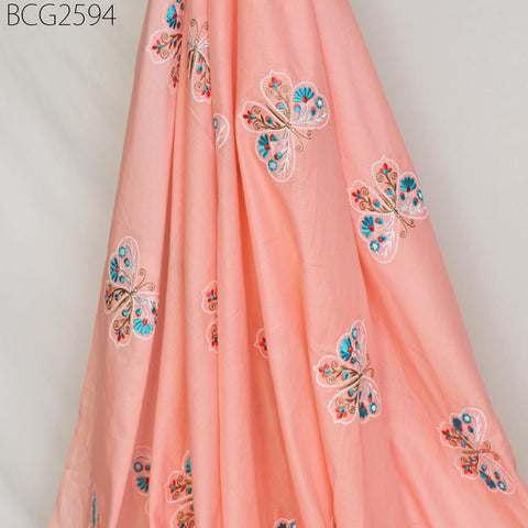 Salmon Indian Embroidered Cotton Fabric by the Yard Embroidery Sewing Nursery Curtain DIY Crafting Summer Kid Women Dress Material Quilting