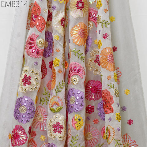 Indian Embroidered Fabric by the Yard White Georgette Embroidery Sewing Curtain DIY Crafting Summer Women Dress Material Drapery Home Decor