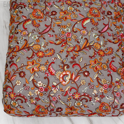 Pale Grey Georgette Embroidered Fabric by Yard Indian Embroidery Sewing Curtain DIY Crafts Summer Women Dress Material Drapery Home Decor