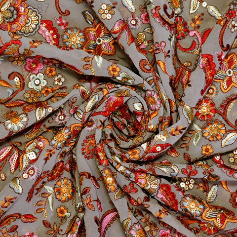 Pale Grey Georgette Embroidered Fabric by Yard Indian Embroidery Sewing Curtain DIY Crafts Summer Women Dress Material Drapery Home Decor