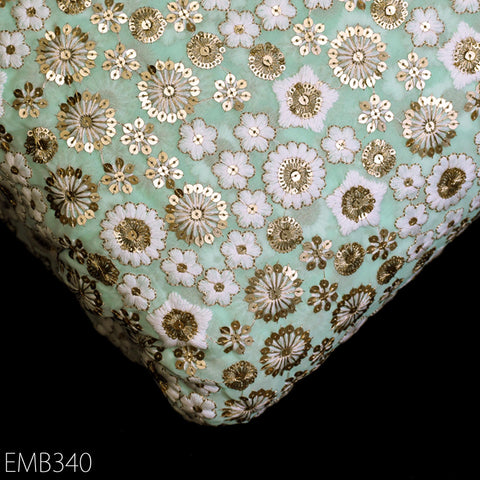 Mint Indian Embroidered Fabric by the Yard Soft Georgette Embroidery Sewing Curtain Crafting Summer Women Dress Material Drapery Home Decor