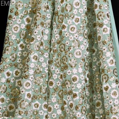 Mint Indian Embroidered Fabric by the Yard Soft Georgette Embroidery Sewing Curtain Crafting Summer Women Dress Material Drapery Home Decor