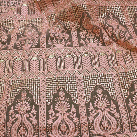 Peach Sequin Net Embroidery Fabric Indian Saree Embroidered Fabric by the Yard Crafting Sewing Sequined Wedding Dress Costumes Doll Making