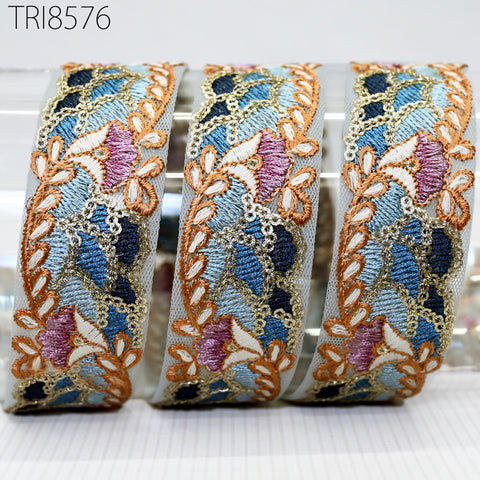 9 Yard Blue Embroidery 3 Cm Ribbon Indian Trim Sari Border DIY Crafting Fabric Embroidered Decorative Costumes Curtain Home Decor Trimming