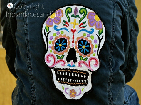 Embroidered Skull Sew on 10 inch Denim Jackets Shirts Patches, Handcrafted Appliques, Scrap booking Appliques, Wholesale Appliques