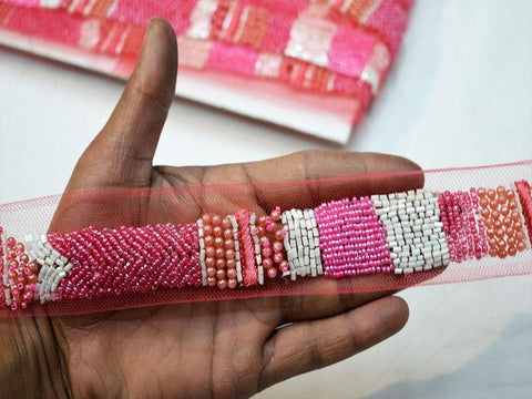 9 Yards Pink Beaded Trim | Decorative Wedding Dress Ribbon Bridal Belt Sashes Lace Indian Handmade Sari Border DIY Dress Craft Sewing Blouse