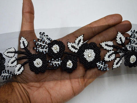 3.5 Yard Decorative Black White Beaded Ribbon Wedding Dress ribbon Bridal Belt Sashes Indian Laces Costume Crafting Sewing Sari Border