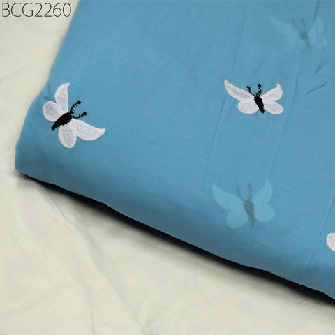 Indian Sky Blue Embroidered Cotton Fabric by the Yard Embroidery Sewing Quilting Crafting Nursery Drapery Kids Summer Dress Costumes