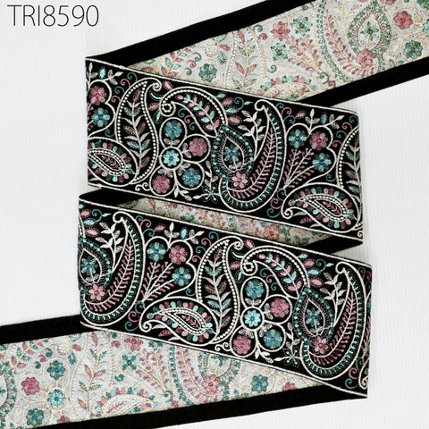 3 Yard Teal Green Embroidered 10 Cm Trim | Indian Embroidery Ribbons Laces Sari Border Saree DIY Crafting Beach Bag Decorative Tape