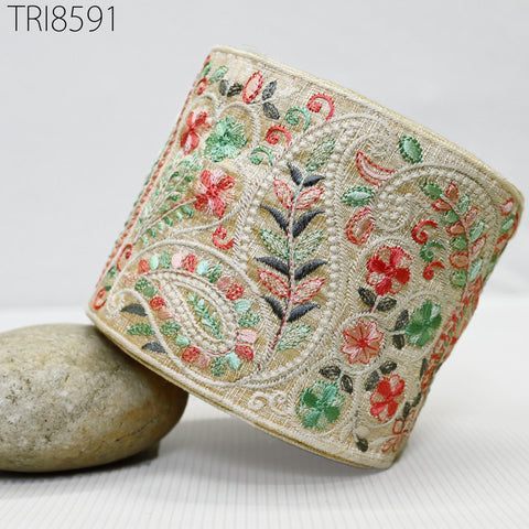 9 Yard Embroidered 10CM Trim | Indian Embroidery Ribbons Laces | Sari Border Saree | DIY Crafting Beach Bag | Decorative Trimmings Tape