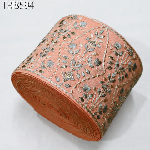 9 Yard Peach Embroidery 9cm Trim Indian Embroidered Ribbons Fabric Sari Border Crafting Saree Sewing Embellishment Costumes Trimmings Tape
