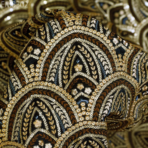 Indian Embroidered Fabric by the yard Sewing DIY Crafting Black Embroidery Wedding Dress Costumes Cushion Covers Table Runners Dolls Bags