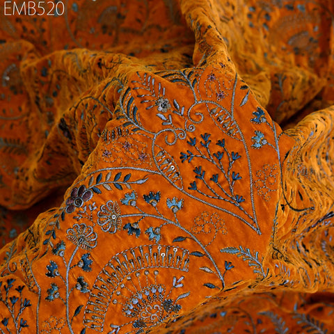 Mustard Indian Embroidered Velvet Fabric by the yard Dresses Making Sewing DIY Crafting Wedding Costumes Blazers Bags Table Runner Quilting