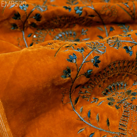 Mustard Indian Embroidered Velvet Fabric by the yard Dresses Making Sewing DIY Crafting Wedding Costumes Blazers Bags Table Runner Quilting