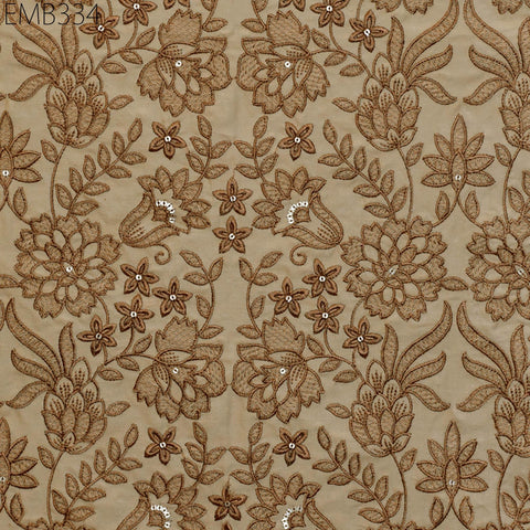 Indian Embroidered Cotton Fabric, Caramel Brown Floral Design