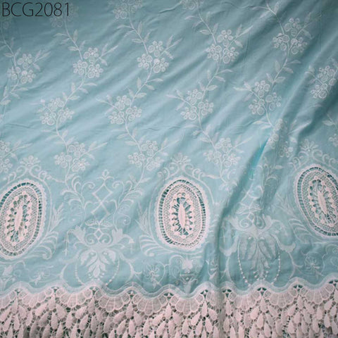 52'' Mint Blue Embroidered Fabric Summer Evening Dresses Crafting Indian Cotton Fabric by the Yard Sewing Skirt Costumes Table Runners Decor